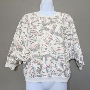 Vintage 90s Abstract Batwing Cropped Sweater Grey Pink size medium